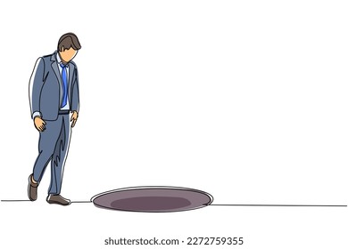 Un empresario de dibujo de línea continua mirando el agujero negro. El hombre se pregunta y mira el gran agujero, el concepto de negocio en oportunidad, exploración o desafío. vector de diseño de tracción dinámica de una línea