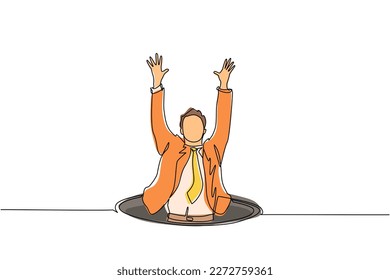 Single continuous line drawing businessman fell into manhole underground sewer. Man fell into sewage. Depressed and business failure concept. Metaphor. Defeat. One line draw design vector illustration