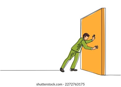 Single continuous line drawing businessman pushing wall. Successful career and brainstorm, career growth and problem solution, smart idea, professional development concept. One line draw design vector