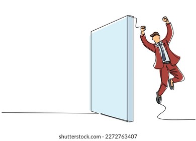 Single continuous line drawing businessman managed to jump over the wall. Man jumps over the wall, outside comfort zone to get new experience, fun and excited. One line draw design vector illustration