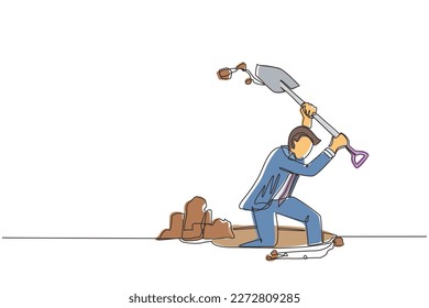 Single continuous line drawing businessman digging in dirt using shovel. Man in suit dig ground with spade. Treasure digging, growth wealth concept lucky rich man. One line draw graphic design vector