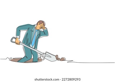Single continuous line drawing businessman wipes sweat on his forehead while digging hole. Worker never give up to finish his job. Work hard concept. One line draw graphic design vector illustration