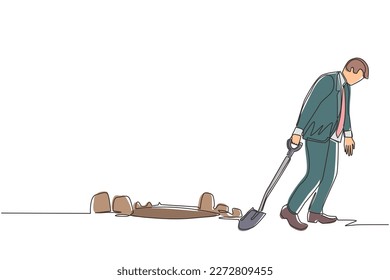 Single continuous line drawing businessman walking unsteadily leaving hole dug dragging shovel. Man digs in tunnel trying to get to goal. He gave up and stopped trying. One line graphic design vector