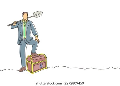 Single continuous line drawing businessman digging ground with shovel and finding treasure chest. Success business, achievement, and discovery concept. One line draw graphic design vector illustration