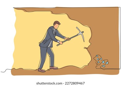 Una sola línea continua dibujando a un empresario cavando con un pickaxe para obtener diamantes. Trabajadores excavando y minando diamantes en un túnel subterráneo. ilustración vectorial de diseño gráfico de una línea dinámica