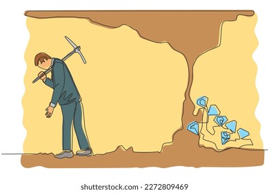 Un único empresario de dibujo continuo se rinde antes de llegar al dinero y los diamantes. El trabajador deja de cavar sin saber que casi se revelan diamantes preciosos. Ilustración vectorial de diseño gráfico de una línea