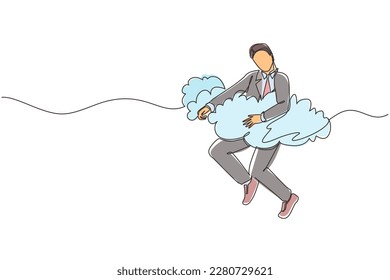 Single continuous line drawing businessman hang in the clouds. Hoping for success, financial freedom, winning business project, achievement concept. One line draw graphic design vector illustration