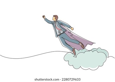 Una sola línea contínua atrae a un empresario superhéroe que vuela y deja nubes de polvo. El supertrabajador con manto de bata despega. Concepto de negocio de poder y singularidad. vector de diseño gráfico de tracción de línea