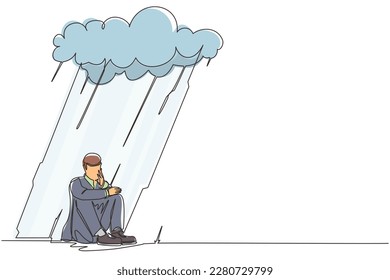 Single continuous line drawing businessman feeling sad and depression sitting under rain and cloud. Unhappy depressed loneliness sad worker in stress with problem. One line draw design vector graphic