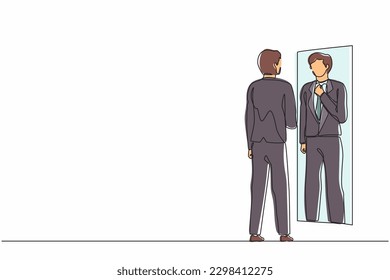 Single continuous line drawing businessman adjusting tie in front of mirror. Man checking his appearance in mirror. Male manager looking himself in mirror. One line graphic design vector illustration