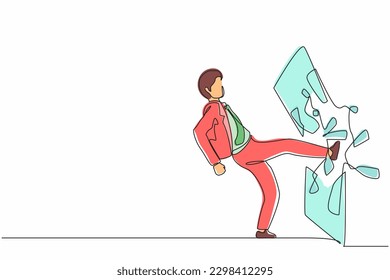 Un empresario de dibujo de línea continua pateó el espejo y lo destrozó. Rompiendo una barrera imposible. Motivación empresarial, concepto innovador. ilustración vectorial de diseño gráfico de una línea