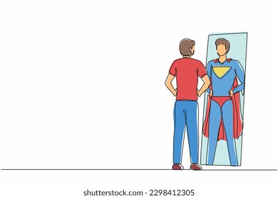 Single continuous line drawing businessman looking at reflection in mirror and seeing super hero standing. Leadership, ambition and self confidence. One line draw graphic design vector illustration