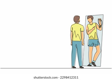 Single continuous line drawing businessman looking at mirror and seeing in reflection of himself with holding gold medal, person overestimate himself, self confidence. One line graphic design vector