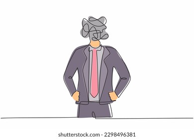 Single continuous line drawing businessman with round scribbles instead of a head. Male executive manager in formal suit standing and holding hand on hip. One line graphic design vector illustration