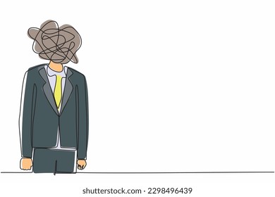 Single continuous line drawing businessman with round scribbles instead of head. Frustrated man. Anxiety, confusion in thoughts. Chaos in head. Confusing process. One line graphic design vector