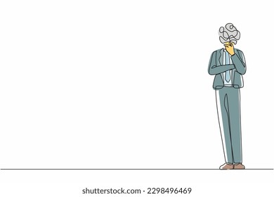 Un empresario de dibujo de línea continua con garabatos redondos en lugar de una cabeza. El gerente masculino en una pose reflexiva sosteniendo su mentalidad de mentón y encontrando respuesta. vector de diseño gráfico de una línea