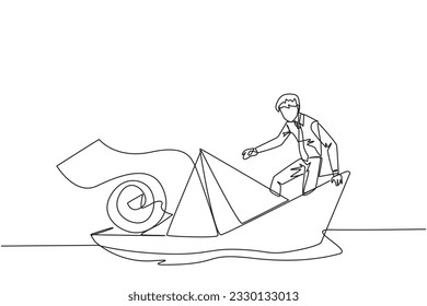 Single continuous line drawing of businessman boarded a paper boat loaded with rolls of paper bills and almost drowned. Spending more than income. Large pegs than poles. One line vector illustration