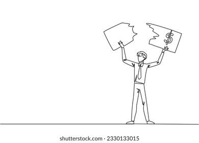 Single continuous line drawing of businessman stood up and tore off banknotes held above his head. Failed to invest, suffered a lot of losses. Business failure. One line design vector illustration