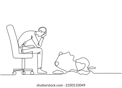 Single continuous line drawing of businessman sits pensively on office chair and in front is a broken piggy bank. Failing to save because have to pay large bills. One line design vector illustration