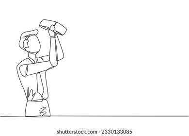 Single continuous line drawing of businessman stood holding and turning an empty wallet. Man who go bankrupt in running a business. Don't have any money at all. One line design vector illustration