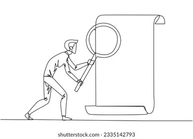 Single continuous line drawing businessman stood holding a magnifier highlighted a rolled paper. Evaluates product compliance in accordance with company's business standards. One line design vector