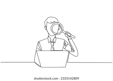 Un solo dibujo de línea continua de un empresario está tecleando frente a un ordenador portátil que contiene una lupa. Los negocios modernos en este momento se pueden hacer en cualquier momento y lugar. Ilustración vectorial de una línea