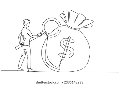 Single continuous line drawing businessman stood checking out giant money bag with magnifier. A person's success depends on the number of money bags collected. One line design vector illustration