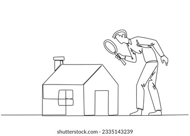 Un empresario de dibujo de línea continua se quedó con la lupa e inspeccionó la casa en miniatura. Buscando la propiedad de la casa para ser usada como ingreso pasivo. Ilustración vectorial de diseño de una línea