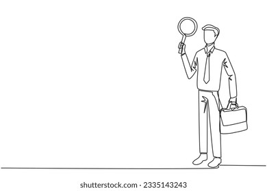 Single continuous line drawing of businessman holds the magnifier in his right hand while in his left hand holds a briefcase. Businessman who offer cooperation proposals. One line vector illustration