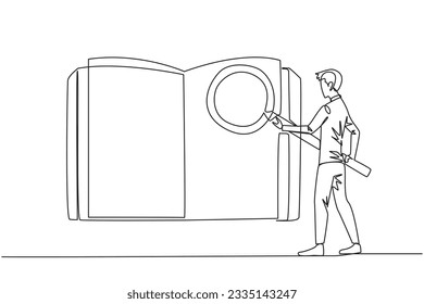 Single continuous line drawing of businessman stood holding the magnifier and checked the open book. Looking for valid information and data so that the business grows. One line vector illustration