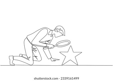Single continuous line drawing of businessman holds magnifying glass highlighting stars. The high star is the ultimate goal of the business level. Reach dreams. One line design vector illustration