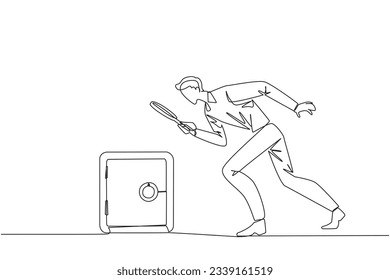 Single continuous line drawing businessman holding magnifying glass highlighting safe deposit box. Finding for the best place of protection to save important data. One line design vector illustration