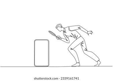 Un empresario de dibujo de línea continua sostiene una lupa que resalta el smartphone. Aproveche las últimas tecnologías para la comodidad de los negocios. Ilustración vectorial de diseño de una línea