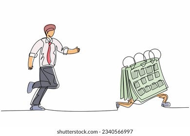 Single continuous line drawing businessman run chasing try to catch calendar. Manager being chased by work deadlines. Running out of time. Business metaphor. One line draw design vector illustration