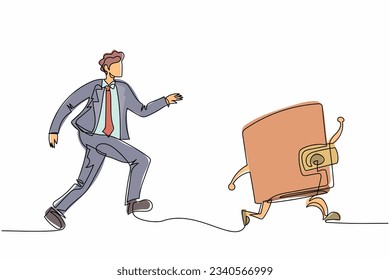 Single continuous line drawing businessman chasing wallet, trying to catch it, return his money. Financial crisis, ROI, return on investment business. One line draw graphic design vector illustration