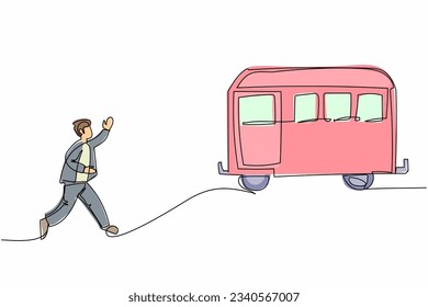 Single continuous line drawing businessman run chasing try to catch train. Hurry running to get transportation, public passenger vehicle. Business metaphor. One line graphic design vector illustration