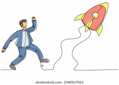 Single continuous line drawing businessman run chasing try to catch flying rocket. Concept of competitive, advantage, growth, marketing. Business metaphor. One line graphic design vector illustration