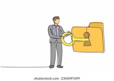 Un único empresario de dibujo continuo poniendo una gran llave en la carpeta. Carpeta bloqueada con clave. Seguridad de datos. Información secreta para el éxito en el trabajo. ilustración vectorial de diseño gráfico de una línea