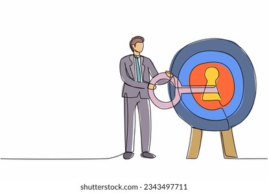 Single continuous line drawing businessman putting big key into bullseye target. Unlock business success. Career or goal achievement. Secret for success in work. One line design vector illustration