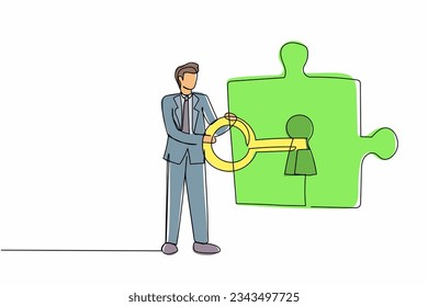 Single continuous line drawing businessman putting big key into puzzle piece. Completing project metaphor. Teamwork solving complicated tasks. Partnership. One line graphic design vector illustration