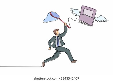 Single continuous line drawing businessman try to catching flying book with butterfly net. Higher education to pursuit career growth. Worker study literature. One line draw design vector illustration