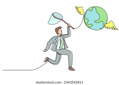 Single continuous line drawing businessman try to catching flying globe with butterfly net. Business trip and travel. Globalization international partnership. One line draw design vector illustration