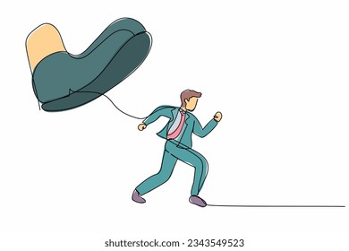 Single continuous line drawing businessman run away from stomping foot. Male employee oppressed by the boss with under big shoe. Minimalist metaphor. One line draw graphic design vector illustration