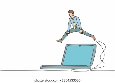 Un empresario de dibujo de línea continua montado sobre un ordenador portátil grande. Tecnología de la información digital en la oficina. Computación de datos del sistema para la eficiencia de trabajo. Ilustración vectorial de diseño de una línea