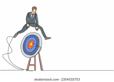 Single continuous line drawing businessman jumping on big archery bull's eye target. Aspiration motivation to achieve business target, advancement in career. One line draw design vector illustration