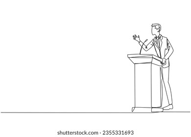 Single continuous line drawing businessman speech standing behind podium. Inviting to everyone to be more concerned with natural condition to avoid air pollution. One line design vector illustration