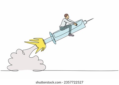 Single continuous line drawing of businessman riding syringe rocket flying in the sky. Concept of boosting health, vaccines, viruses, medicine. Dynamic one line draw graphic design vector illustration