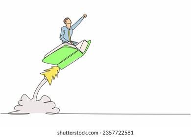 Einzelne fortlaufend zeichnende Geschäftsleute, die auf der Bücherrakete am Himmel fliegen. Mehr Interesse am Lesen intelligenter Studenten. Buchhandlung, Bildungskonzept. Eine Zeile Grafik-Design, Vektorgrafik-Illustration