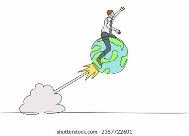 Una línea continua dibujando a un empresario montando esfera globo volando en el cielo. Expansión comercial global, sucursal de empresa abierta, franquicia en nueva ubicación. Ilustración vectorial de diseño de una línea