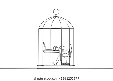 Single continuous line drawing businessman trapped in cage asleep on laptop computer. Tired of repetitive routines. The many deadlines require overtime every day. One line design vector illustration